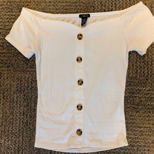White off the Shoulder Crop Top with Brown Buttons